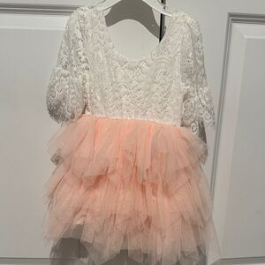 White Lace and Peach Tulle Dress